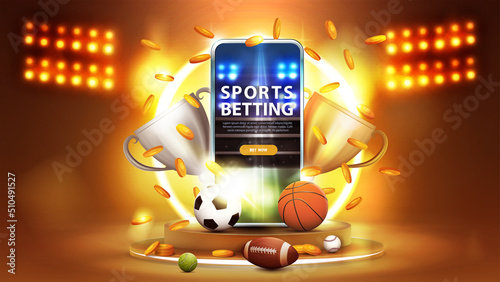 Sports betting, orange banner with smartphone, champion cups, falling gold coins and sport balls on gold podium with yellow neon ring on background