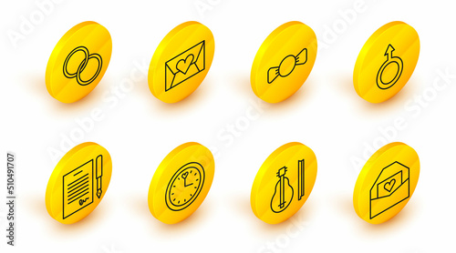 Set line Envelope with Valentine heart, Violin, Clock, Marriage contract, Male gender symbol, Bow tie, and Wedding rings icon. Vector