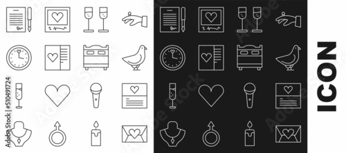 Set line Envelope with Valentine heart, Greeting card, Dove, Glass of champagne, Postcard, Clock, Marriage contract and Bedroom icon. Vector