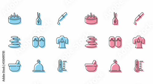 Set line Mortar and pestle, Sauna hat, Swimming pool with ladder, thermometer, Flip flops, Massage aroma oils, Stack hot stones and Aroma diffuser icon. Vector