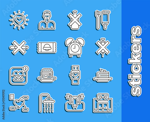 Set line Gym building, Cake, No doping syringe, alcohol, Sports nutrition, Smoking, Sun and Alarm clock icon. Vector