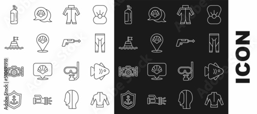 Set line Wetsuit, Fish, Scallop sea shell, Floating buoy on the, Aqualung and Fishing harpoon icon. Vector
