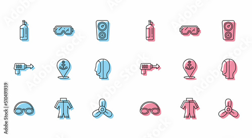 Set line Glasses and cap, Wetsuit, Aqualung, Boat propeller, turbine, Location with anchor, Diving hood, Fishing harpoon and mask icon. Vector