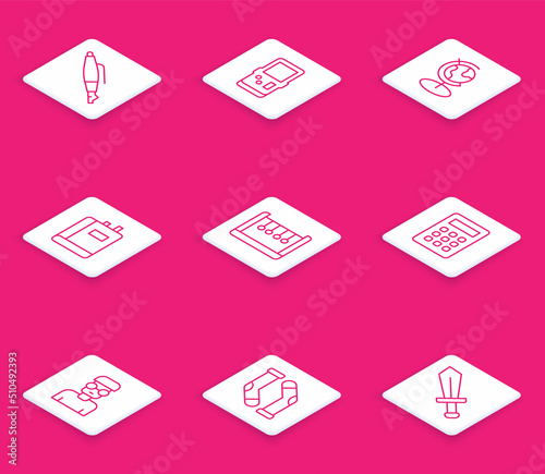 Set line Fountain pen nib, Tetris, Earth globe, Book, Pendulum, Calculator, Nerd geek and Socks icon. Vector