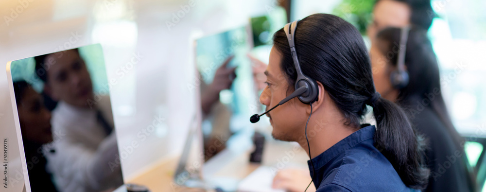 Customer service with friendly, man and woman call center and operator for support client, group of business team with assistance and consultant, adviser helpdesk and contact, communication concept. - obrazy, fototapety, plakaty 