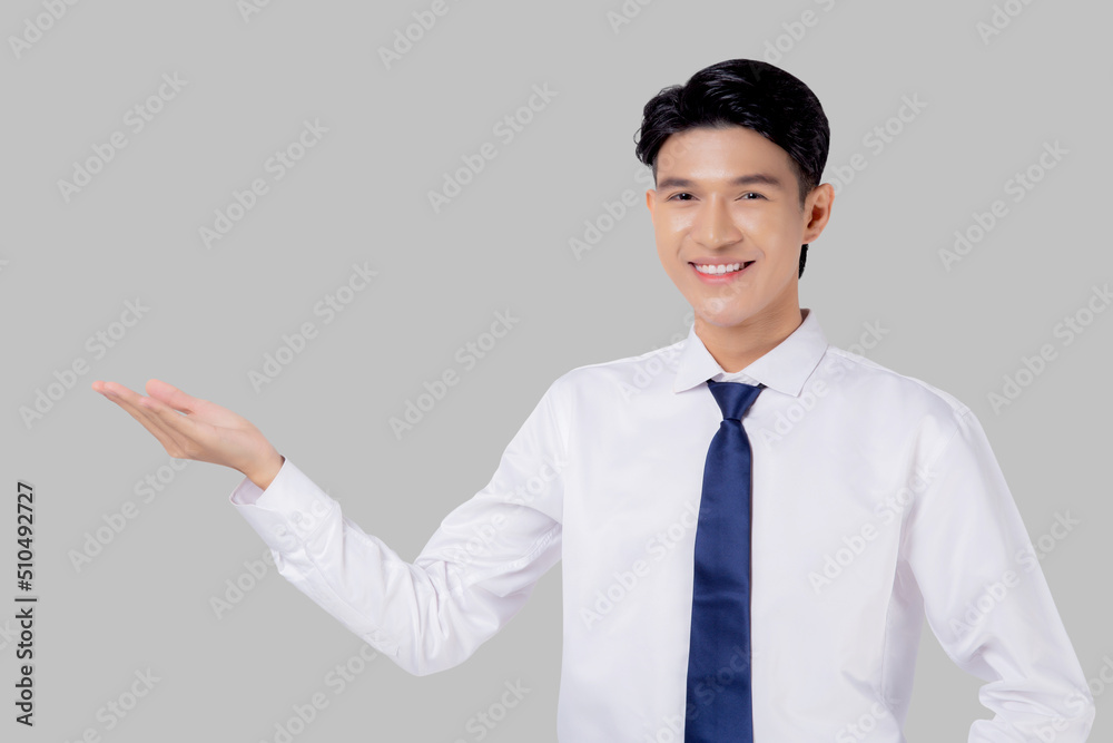 Portrait young asian business man presenting isolated on white background, advertising and marketing, executive and manager, businessman confident showing success, expression and emotion. Portrait young asian business man presenting isolated on white background, advertising and marketing, executive and manager, businessman confident showing success, expression and emotion.