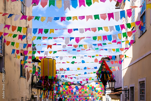 Colorful flags decorating the feast of Sao Joao #510492721