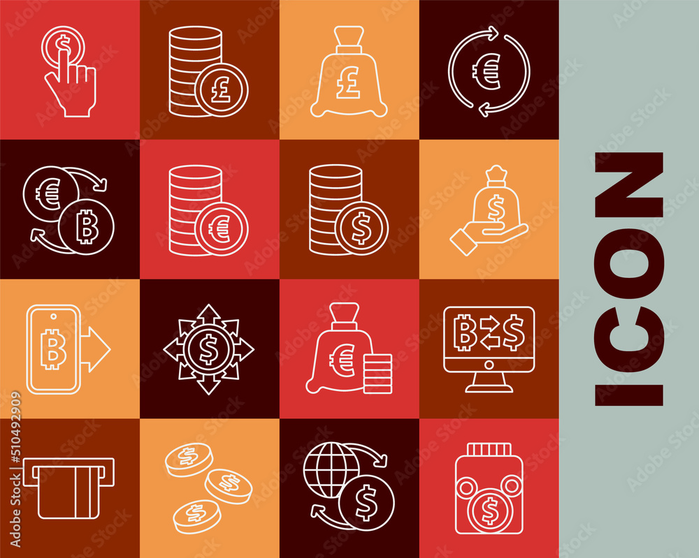 Set line Glass money jar with coin, Cryptocurrency exchange, Hand holding bag, Coin pound, euro symbol, and dollar icon. Vector