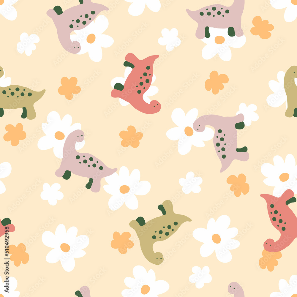 Seamless pattern with cute spotted dinosaurs on floral background. Cute animalistic print for fabric, T-shirt, stationery. Hand drawn vector illustration for decor and design. Seamless pattern with cute spotted dinosaurs on floral background. Cute animalistic print for fabric, T-shirt, stationery. Hand drawn vector illustration for decor and design.