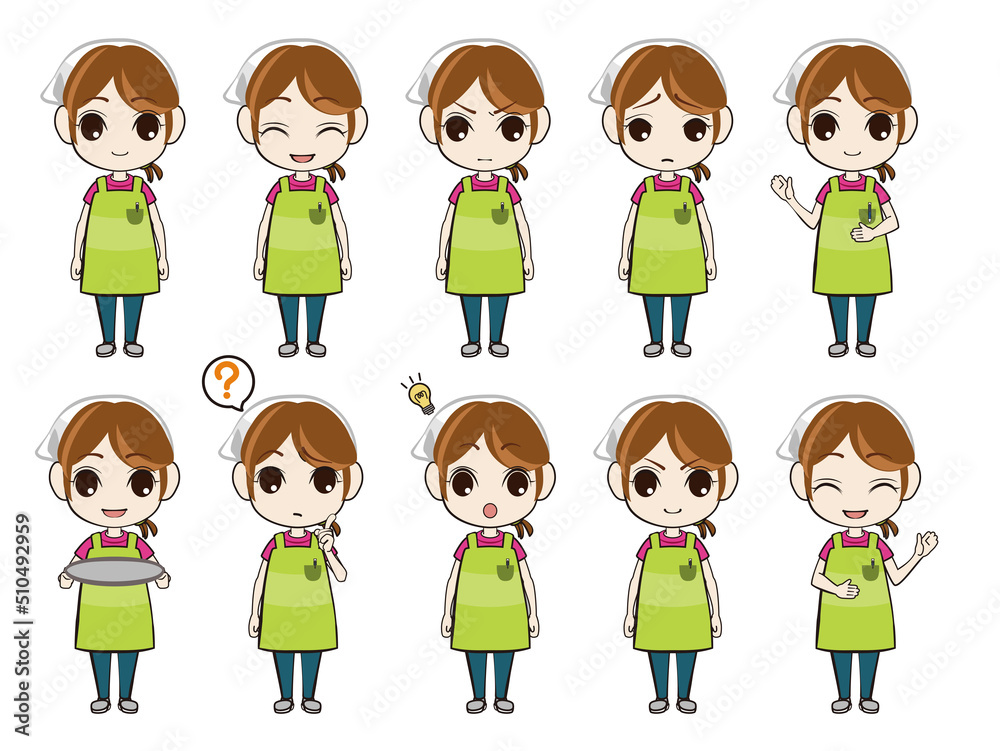 Illustration set of a clerk wearing an apron Illustration set of a clerk wearing an apron