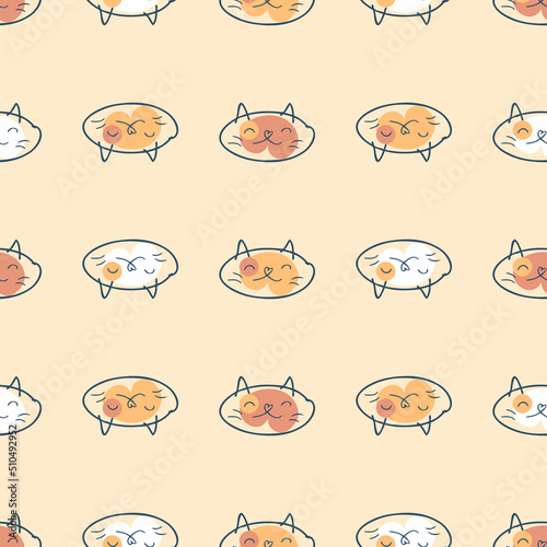 Hand drawn seamless pattern with happy cats faces. Simple animalistic background for any purposes. Doodle vector illustration.