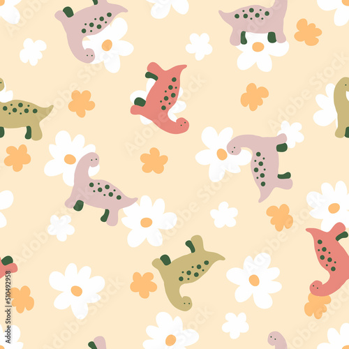 Seamless pattern with cute spotted dinosaurs on floral background. Cute animalistic print for fabric, T-shirt, stationery. Hand drawn vector illustration for decor and design.