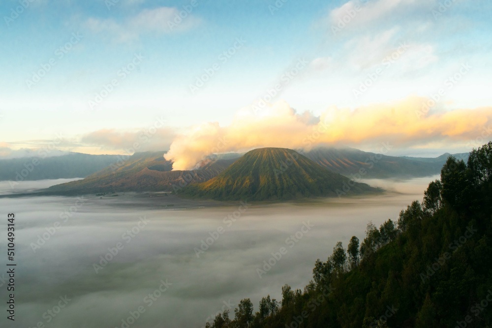 View of the BROMO volcano in the morning before sunrise