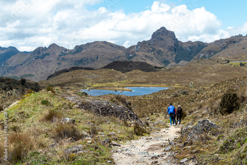 Cajas National park, Toreadora lake recreation area. Mountain landscape.Tourists at the pathfoot. Ecuador, Azuay province, close to city Cuenca