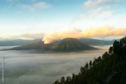 View of the BROMO volcano in the morning before sunrise