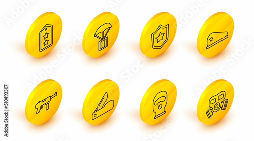 Set line Gas mask, Balaclava, Swiss army knife, Submachine gun M3, Military beret, reward medal, Airdrop box and rank icon. Vector