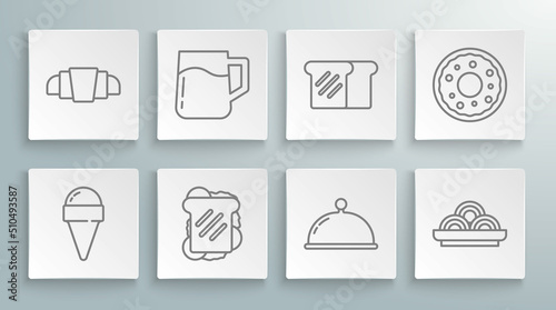 Set line Ice cream in waffle cone, Wooden beer mug, Sandwich, Covered with tray, Asian noodles bowl, Bread toast, Donut and Croissant icon. Vector