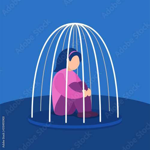 little kid confined from the outside world life. girl sit down give up imprisoned in a bird cage vector flat illustration