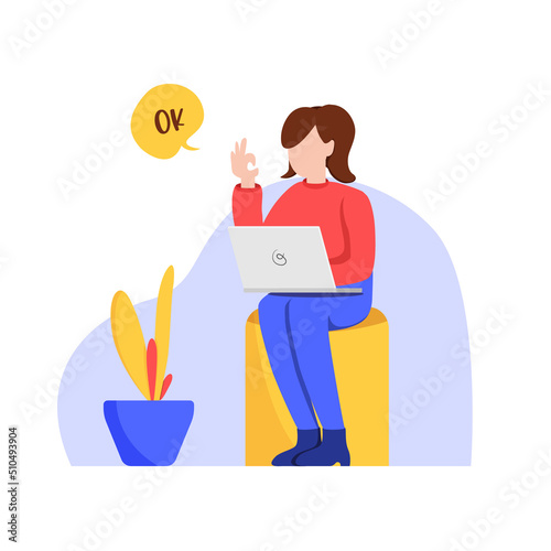 girl working with laptop on cave concept. female ok gesture hand sitting on sofa near floral plant vector flat illustration design