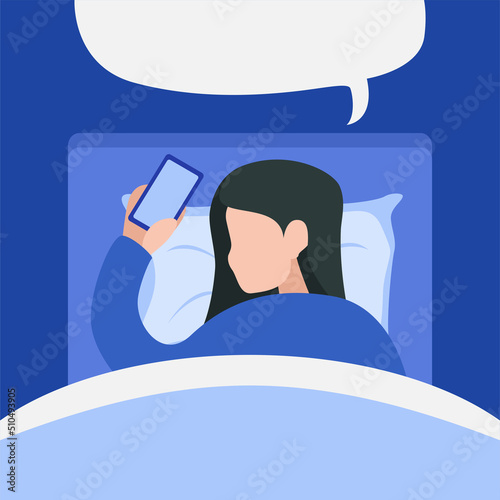 girl fall a sleep while tired playing smart phone vector flat illustration design