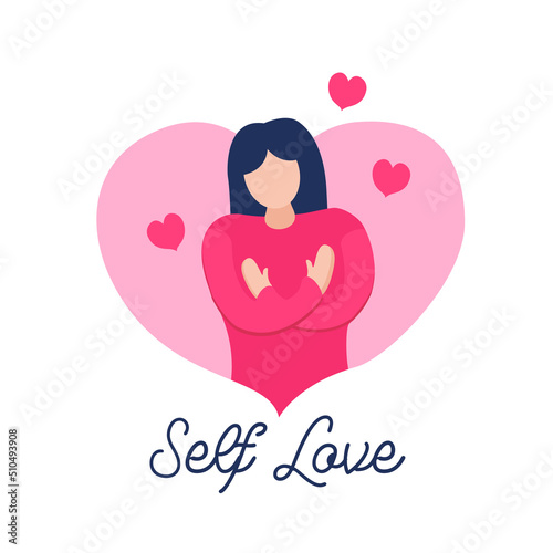 self love girl hug herself with her own hand vector flat illustration concept design