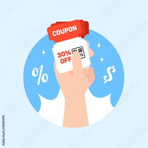 Free coupon online shop social media promotion design. Hand holding multiple voucher card vector illustration