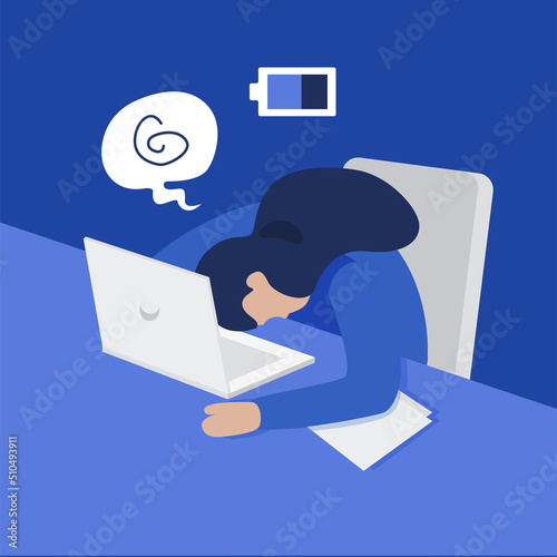 girl tired fell asleep due to overtime work in the middle of the night vector flat illustration concept design