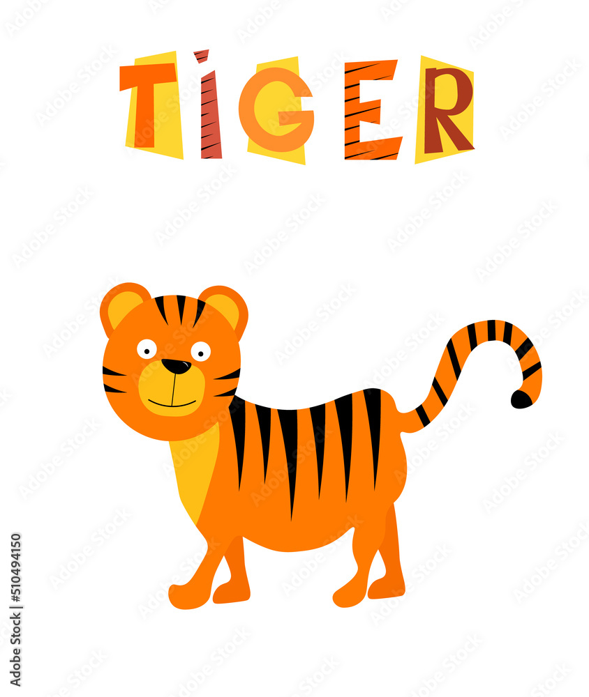 Fototapeta premium Cartoon tiger print. Card template with lettering and animal for holidays, covers and brochures, childrens prints, interior design, packaging and fabrics. Vector illustration.