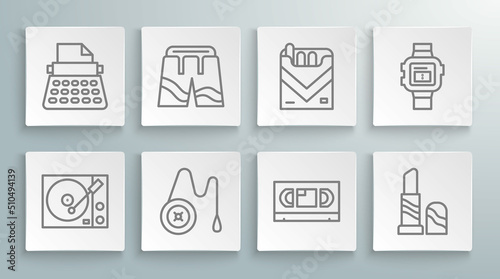 Set line Vinyl player, Short or pants, Yoyo toy, VHS video cassette tape, Lipstick, Cigarettes pack box, Wrist watch and Retro typewriter icon. Vector