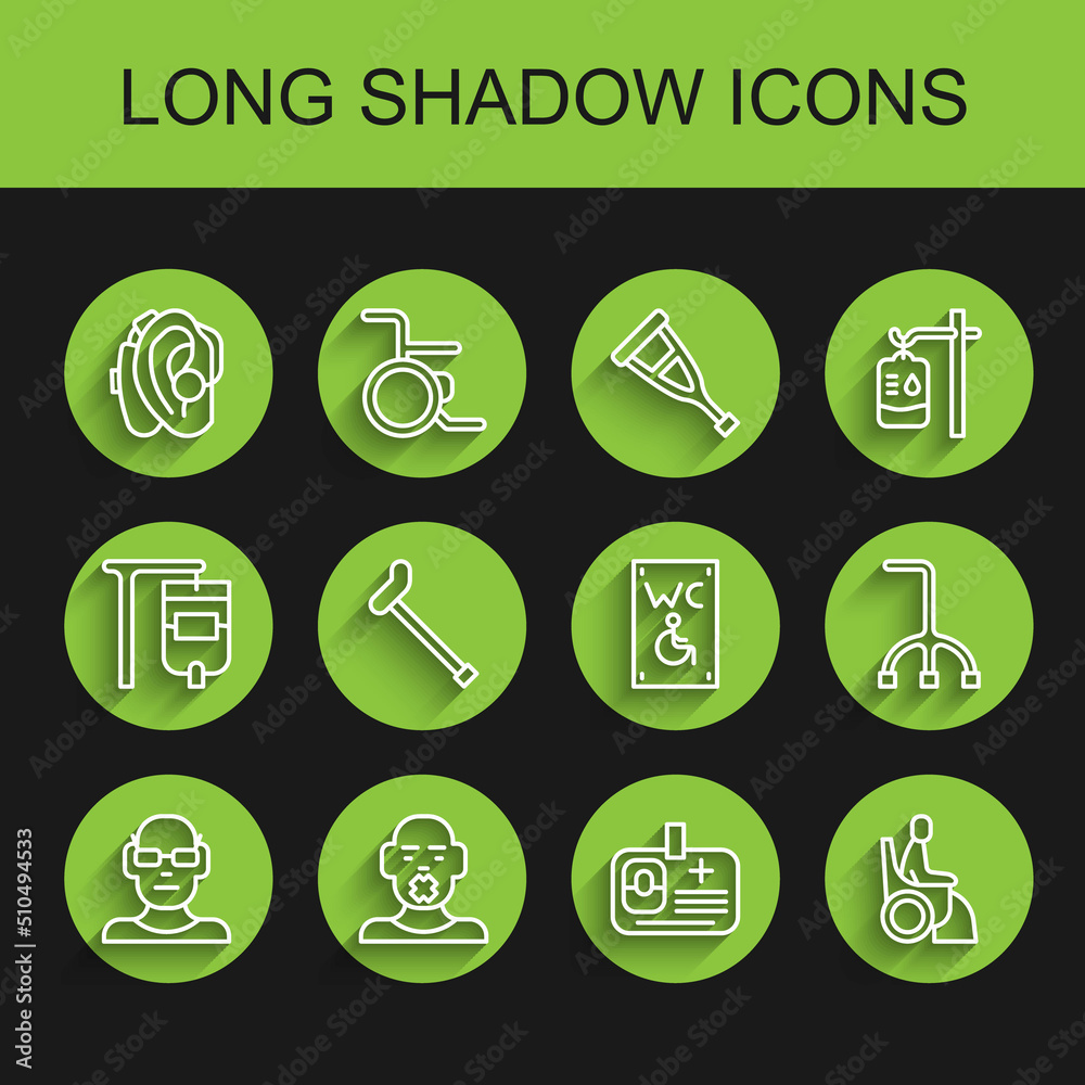 Set line Poor eyesight, Head of deaf and dumb, Hearing aid, Identification badge, Woman wheelchair, Walking stick cane, and Separated toilet for disabled icon. Vector Set line Poor eyesight, Head of deaf and dumb, Hearing aid, Identification badge, Woman wheelchair, Walking stick cane, and Separated toilet for disabled icon. Vector