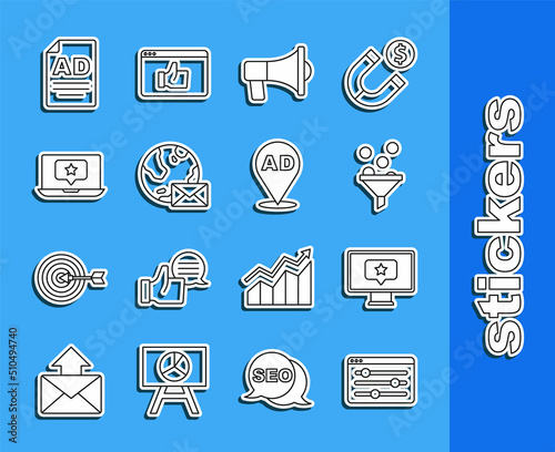 Set line Browser setting, Monitor with star, Lead management, Megaphone, Earth globe mail, Laptop, Advertising and icon. Vector
