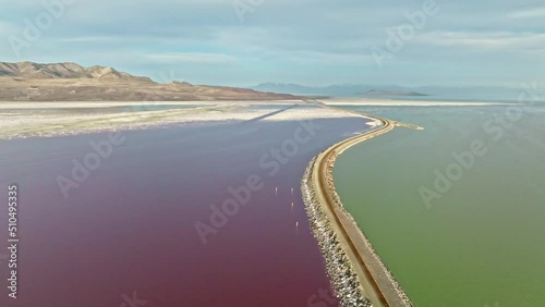 AERIAL - Railroad tracks in Lucin Cutoff, Great Salt Lake, Utah, circle pan photo