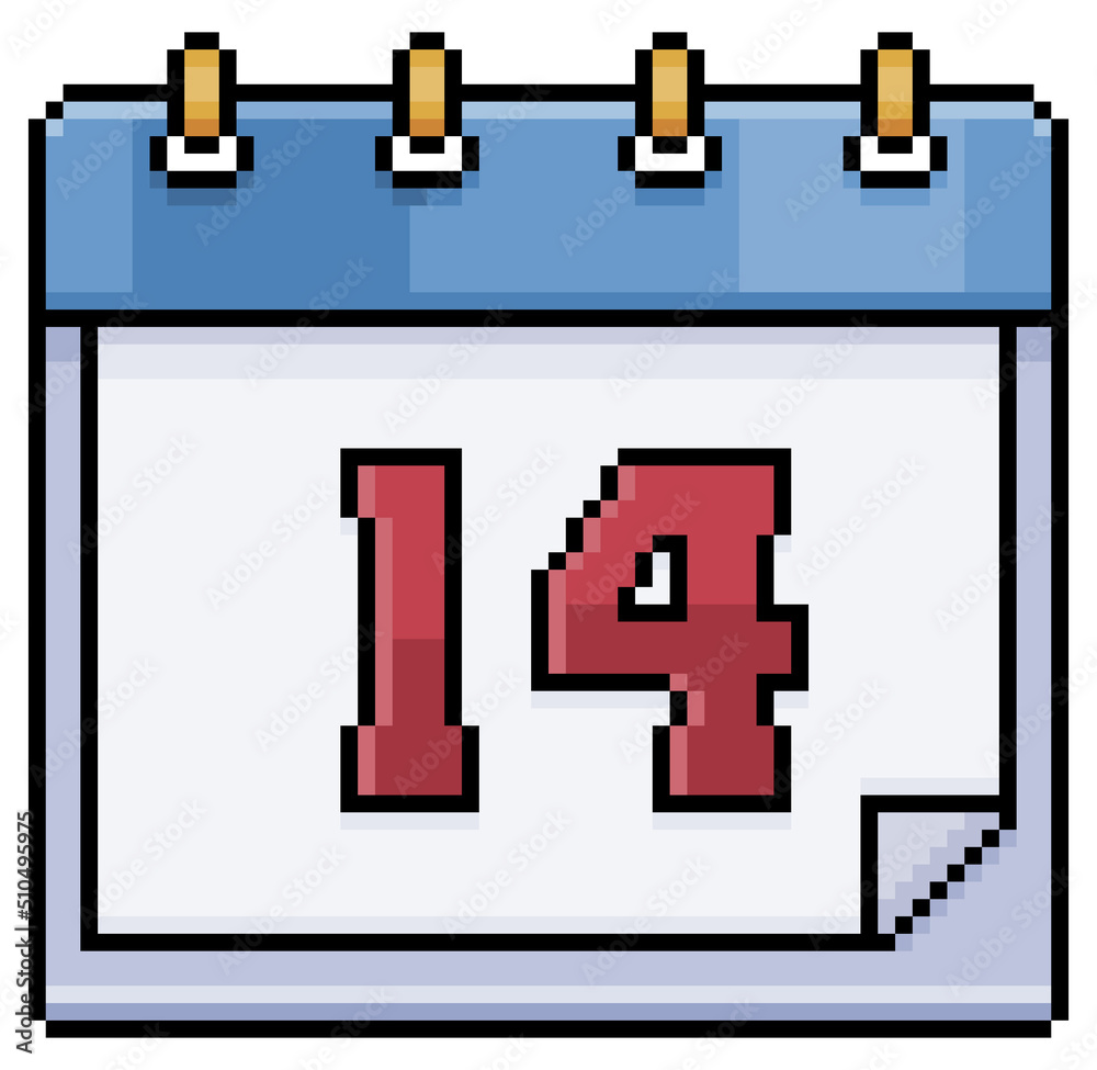 Pixel art calendar with date 14. Day 14. Holiday day 14 vector icon for 8bit game on white background
Pixel art calendar with date 14. Day 14. Holiday day 14 vector icon for 8bit game on white background