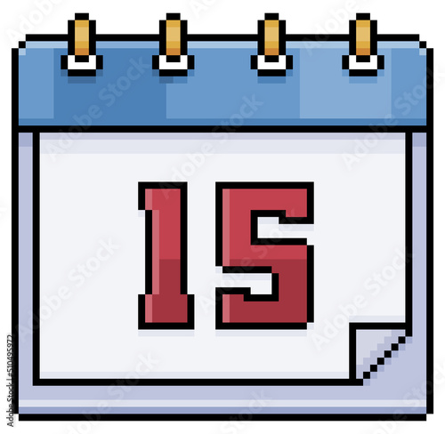 Pixel art calendar with date 15. Day 15. Holiday day 15 vector icon for 8bit game on white background
