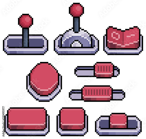 Pixel art set of buttons, levers, switches, regulators vector icon for 8bit game on white background
