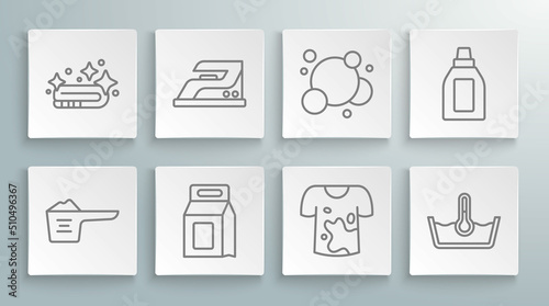 Set line Washing powder, Electric iron, Laundry detergent, Dirty t-shirt, Temperature wash, Soap water bubbles, Bottle for cleaning agent and Towel stack icon. Vector