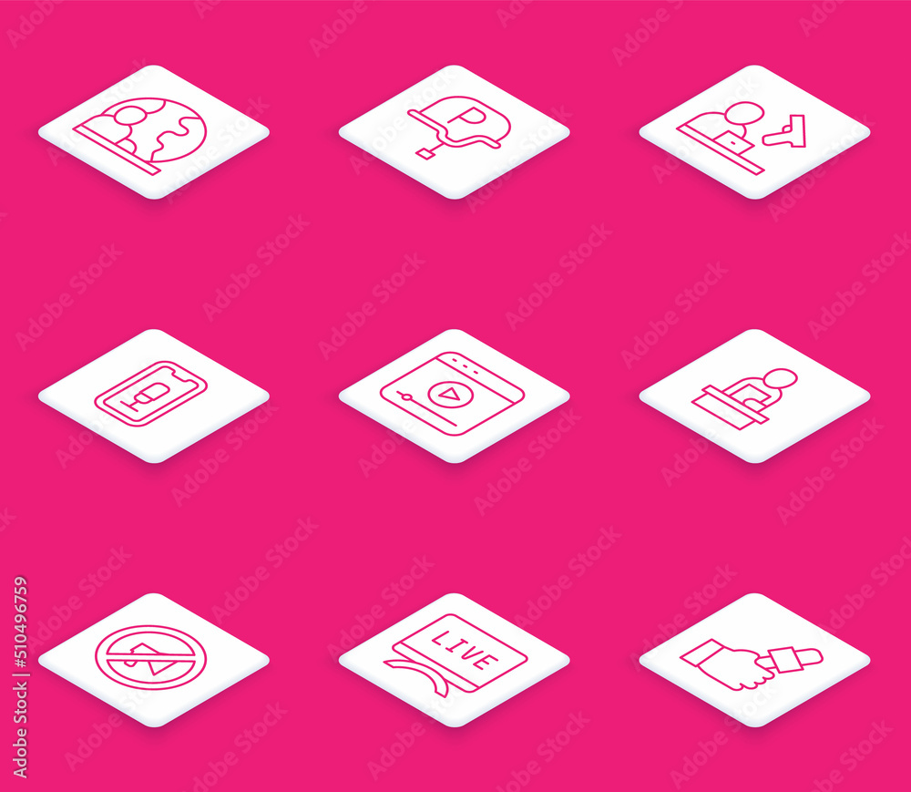 Set line World news, War journalist, Crime, Mobile recording, Live stream, Breaking, Censored stamp and report icon. Vector Set line World news, War journalist, Crime, Mobile recording, Live stream, Breaking, Censored stamp and report icon. Vector