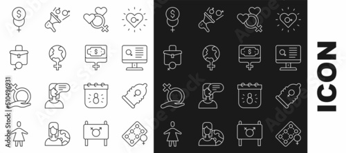 Set line Packaging of birth control pills, Condom, Dating app, Female gender, Feminism the world, Work for female, finance and Money growth woman icon. Vector