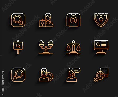 Set line Male gender, Women from different countries, Female, opinion, Book about women, Gender equality, Dating app and icon. Vector