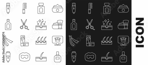 Set line Aftershave, Barbershop, Shaving brush with foam, Scissors hairdresser, Bottle of shampoo, Hair clipper and Oil for care treatment icon. Vector