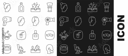 Set line Mustache and beard, Barbershop, Hair dryer, Oil for hair care treatment, Hairstyle, and Baldness icon. Vector