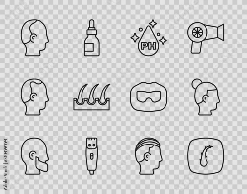 Set line Mustache and beard, Human hair follicle, Oil for care treatment, Hair clipper, Baldness, Hairstyle and icon. Vector