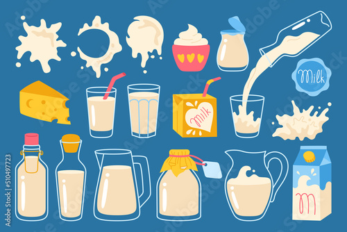 Milk food cartoon set. Farm foodstuff cheese and yogurt, drink in glass, jug, bottle or carton package design. White pouring milk splashes drops drip. Natural dairy products graphic element