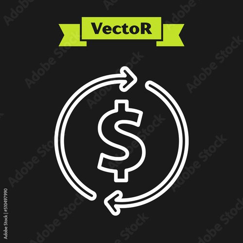 White line Financial growth and dollar coin icon isolated on black background. Increasing revenue. Vector