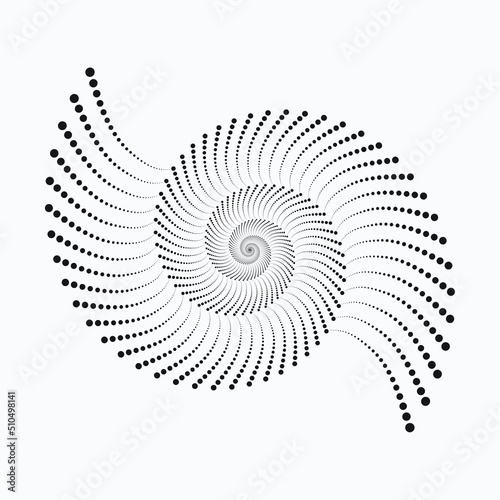 Halftone concentric swirl element. Circle dots isolated on the white background, texture, pattern. Fabric design element. Vector design element.