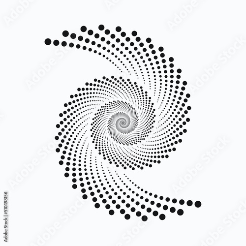 abstract background. Concentric spiral halftone dotted shape. Geometric art. Trendy design element for border frame, logo, symbol, prints, posters, template, pattern.