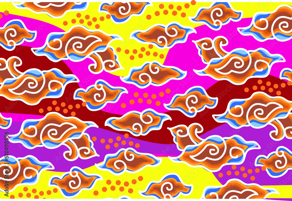The development of the Mega Mendung motif, a typical Indonesian batik motif in West Java, curved line patterns with cloud objects, with various artistic developments and colo The development of the Mega Mendung motif, a typical Indonesian batik motif in West Java, curved line patterns with cloud objects, with various artistic developments and colo