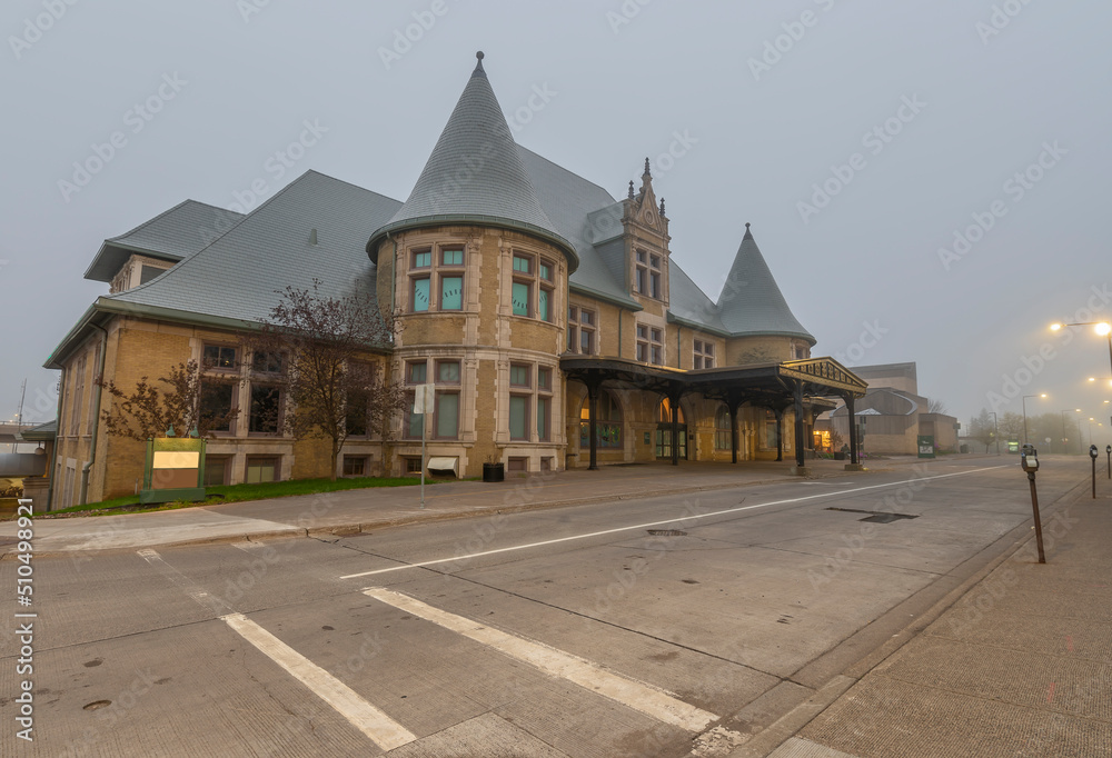 Exterior view of the historic Duluth train station in the morning fog