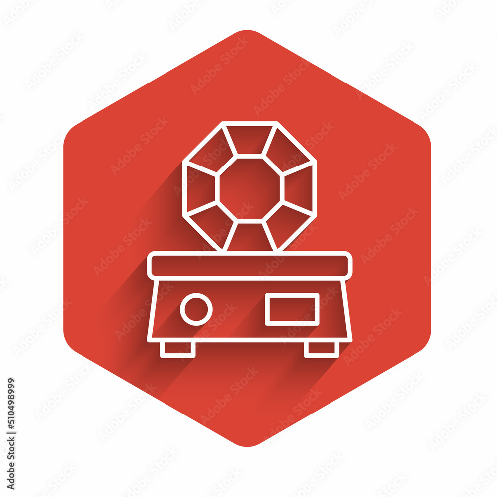 White line Gem stone icon isolated with long shadow background. Jewelry symbol. Diamond. Red hexagon button. Vector White line Gem stone icon isolated with long shadow background. Jewelry symbol. Diamond. Red hexagon button. Vector
