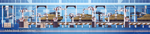 tanks on assembly conveyor line with robot arms special battle transport military equipment heavy armored vehicle production